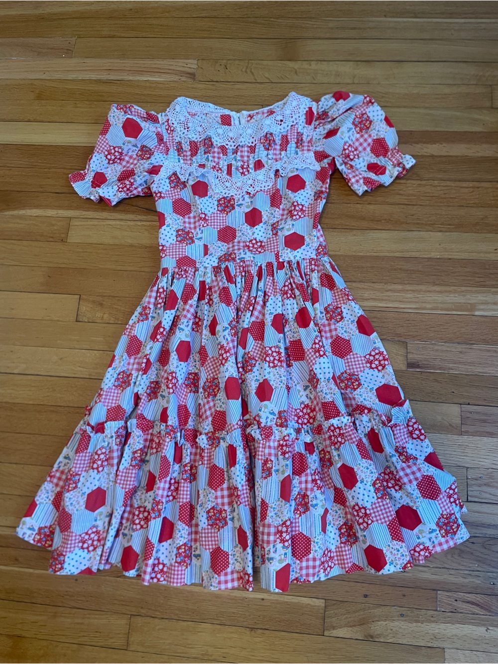 Vintage Red & White Patchwork Square dancing Dress